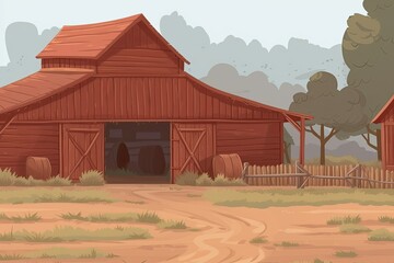 rustic red barn surrounded by trees and a dirt road. Generative AI