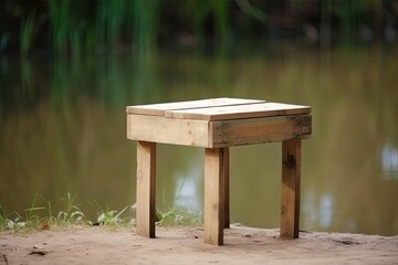Fototapeta premium rustic wooden bench resting on a serene sandy beach. Generative AI