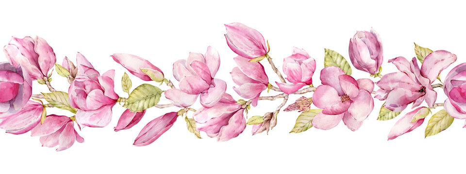 Watercolor illustration, seamless horizontal border with pink flowers. Magnolia flowers header