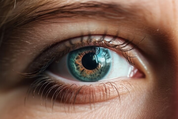 Macro view of a beautiful female eye in stunning blue color. Close-up of the iris, pupil and lashes with focus on the aesthetic details. Perfect of beauty, skin and anatomy. AI Generative.