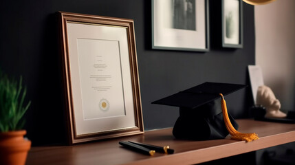 Empty frame on office wall diploma degree certificate credentials image photo poster business chief executive officer ceo cfo cxo promotion portrait work 3d fill in blank. Generative AI - obrazy, fototapety, plakaty