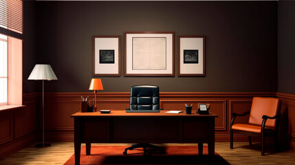 Empty frame on office wall diploma degree certificate credentials image photo poster business chief executive officer ceo cfo cxo promotion portrait work 3d fill in blank. Generative AI