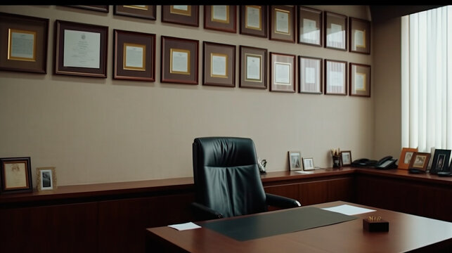 Empty frame on office wall diploma degree certificate credentials image photo poster business chief executive officer ceo cfo cxo promotion portrait work 3d fill in blank. Generative AI