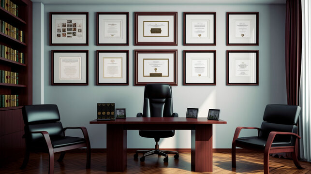 Empty frame on office wall diploma degree certificate credentials image photo poster business chief executive officer ceo cfo cxo promotion portrait work 3d fill in blank. Generative AI