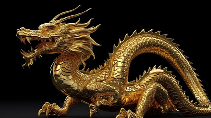 Full body gold dragon in bend body pose with 3d rendering include alpha path., Generative Ai