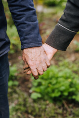 Elderly man and woman gardeners hold hands tightly while standing outdoors in a garden in nature. Close-up photography, eternal love concept, portrait of aging people.