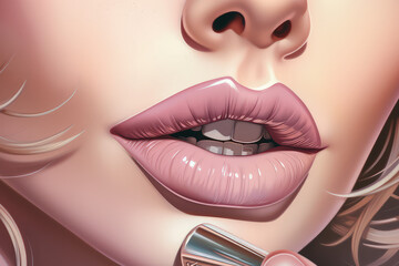 close up beautiful sexy lips, moist and glossy, pin up girl in bright make-up, smooth, generative ai