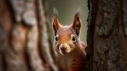Naklejka na ściany i meble Curious red squirrel peeking behind the tree trunk, Generative Ai