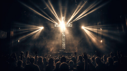 Christian Rock Concert Epic Illuminated Cross on Stage, AI Generative