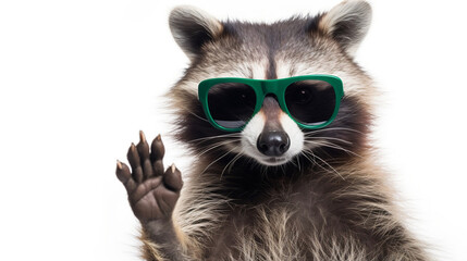 Funny raccoon in green sunglasses showing a rock gesture isolated on white background, Generative Ai - obrazy, fototapety, plakaty