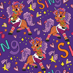 Seamless pattern with lovely unicorn singer vector