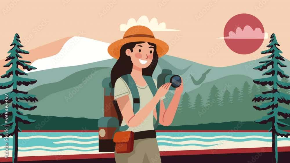 Wall mural traveler woman with camera photographic animation