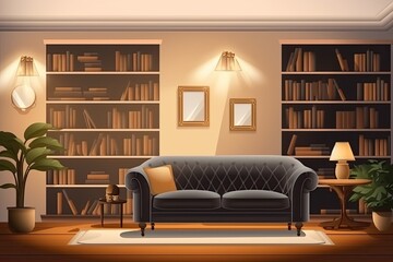 cozy living room with a fully stocked bookshelf and comfortable furniture. Generative AI