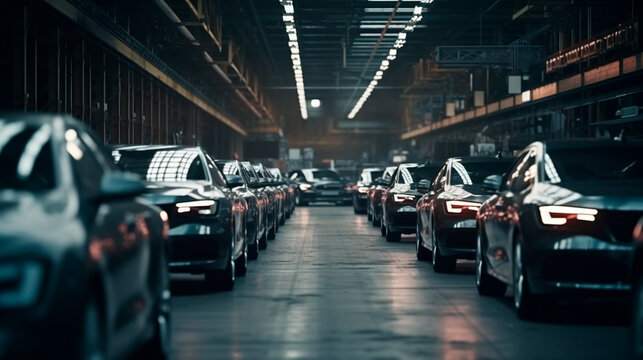 Mass production assembly line of modern cars in a busy factory. Generative AI