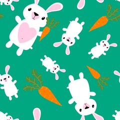 Fototapeta premium Cartoon animals seamless Easter eggs and rabbit and paint bunnies pattern for wrapping paper and kids clothes print