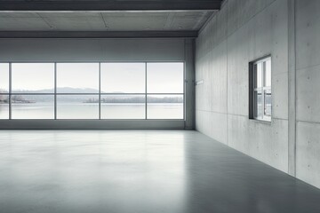 Fototapeta premium an empty room with a scenic view of the waterfront. Generative AI