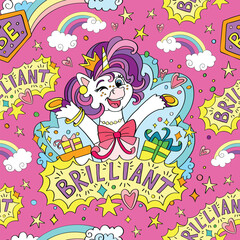 Seamless pattern with lovely unicorn singer vector