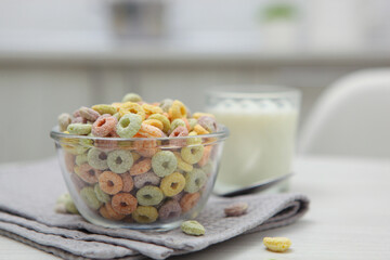 Multicolored corn rings for breakfast on the table