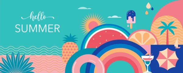 Foto op Plexiglas Colorful Geometric Summer Background, poster, banner. Summer time fun concept design promotion design © Marina Zlochin