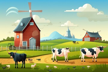pastoral farm with grazing cows and a red barn in the background. Generative AI