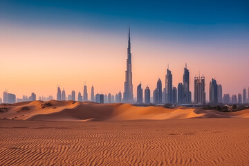 Dubai skyline in dessert at sunset. Hot summer night in Dubai dessert. Generative AI.