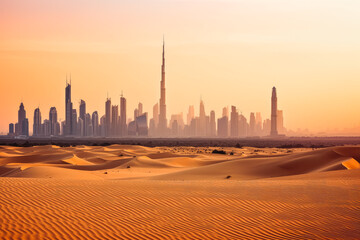 Fototapeta premium Dubai skyline in dessert at sunset. Hot summer night in Dubai dessert. Generative AI.