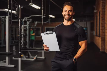  Gym fitness and portrait of personal trainer with clipboard. Healthy lifestyle concept and training. Generative AI © VisualProduction