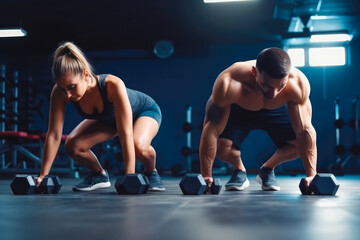 Fototapeta na wymiar Athletic couple in sportswear training together doing push ups with dumbbells in gym. Working out together. Generative AI