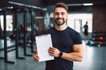 Fototapeten Gym fitness and portrait of personal trainer with clipboard. Healthy lifestyle concept and training. Generative AI © VisualProduction