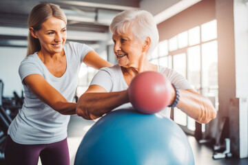 Fototapeta na wymiar Elderly healthy active woman using gym yoga mall with friend or personal trainer. Smiling and exercising Generative AI