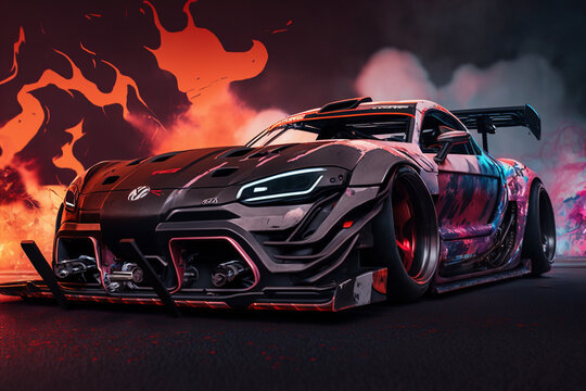 AI-Generated Sim Racing Car artwork Psychedelic Artwork bright, vivid color, illustration, Supra