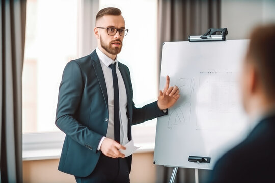 Male business coach speaker in suit give flip chart presentation. Concentrated business pitch. Generative AI