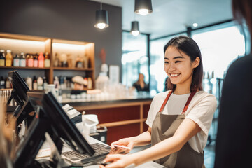 Smiling cashier working in coffee shop and woman paying with credit card.Accepting payment over nfc technology. Generative AI