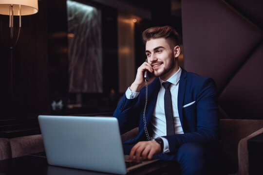 Photo of happy young businessman using laptop computer and talking on the phone. Attractive male working on computer. Generative AI