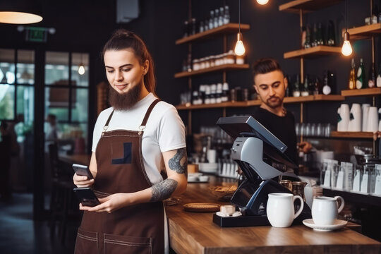 Attractive cashier standing in apron and holding card terminal. Barista cashier working in coffee shop. Generative AI