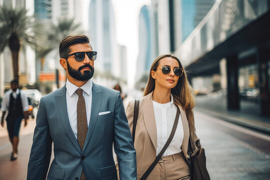 Business man and woman walking in business district in Dubai. Big city modern lifestyle, working in busy district. Generative AI