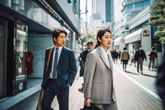 Business man and woman walking in business district in Dubai. Big city modern lifestyle, working in busy district. Generative AI