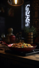 Chinese food in wok posing for a photo in oriental , Generative AI