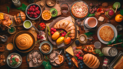 Fototapeta na wymiar Top view of various foods as culinary concept. Generative AI