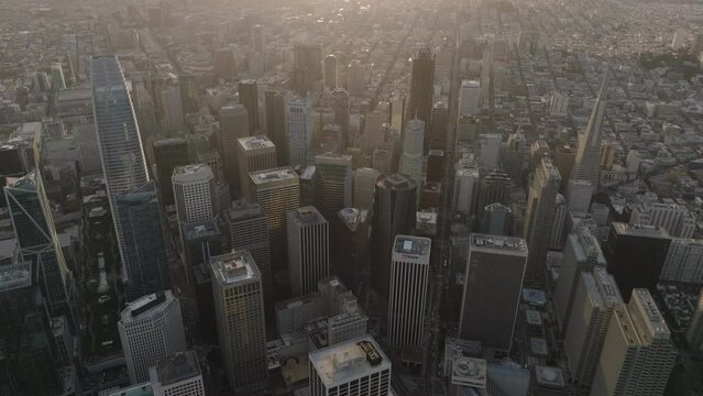 High angle view of business towers in Financial District. Metropolis at dusk.