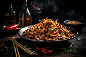 Delicious Mongolian beef stir-fry with vibrant peppers and onions. Generative AI