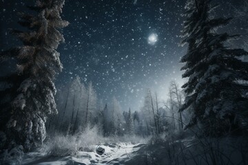 Winter's night sky filled with snowy flakes. Generative AI