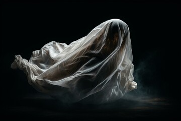 A frightening ghost in a white sheet on a dark background, levitating in the air. Generative AI