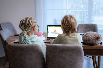 back view siblings pupils boy and girl learning together remotely online at home, looking to...