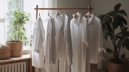 Organic, eco-friendly clothes on a clothes hanger. Generative AI.