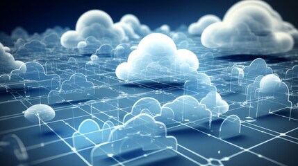 Cloud Computing Network, Blue Digital Cloudscape Grid, AI Generative