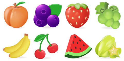 Fruits and berries 3d icon set. Strawberry, cherry, blueberry, strawberry, grape, watermelon, carambola, apricot,