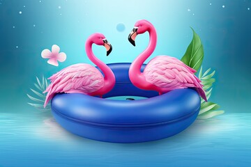 two flamingos lounging in an inflatable pool. Generative AI