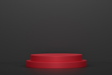 Pastel red cylinder podium with steps on black background