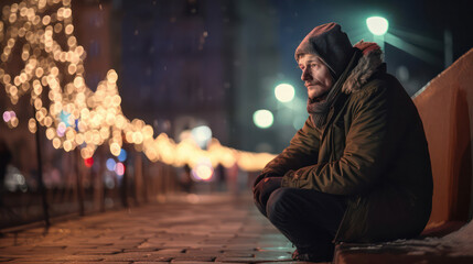 a sad homeless man sits on the street against the backdrop of a bright festive illumination of the city. the concept of helping the poor and the homeless. Generative AI